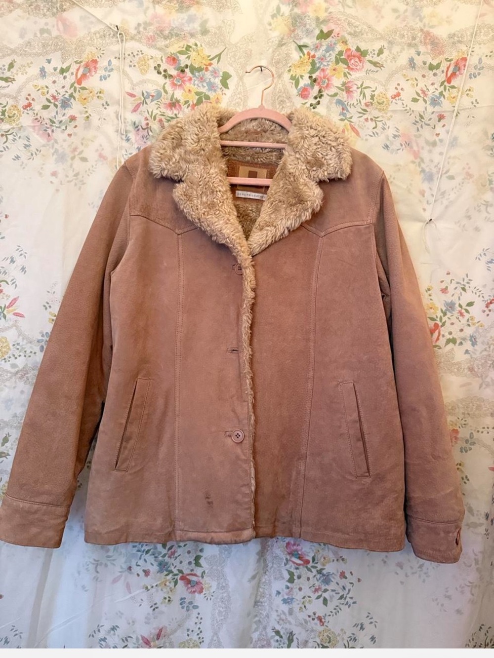 Vintage Morrow Women's Genuine Leather Sherpa Collar Jacket In Camel Medium